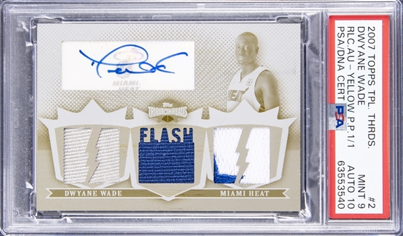 2007-08 Topps Triple Threads "Relic Autographs" Yellow Printing Plate #2 Dwyane Wade Signed Patch Card (#1/1) - PSA MINT 9, PSA/DNA 10
